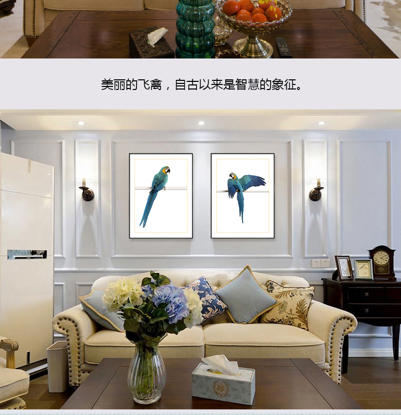 歐式輕奢動物組合掛畫 臥室餐廳裝飾畫晶瓷畫  純手繪油畫 金剛鸚鵡